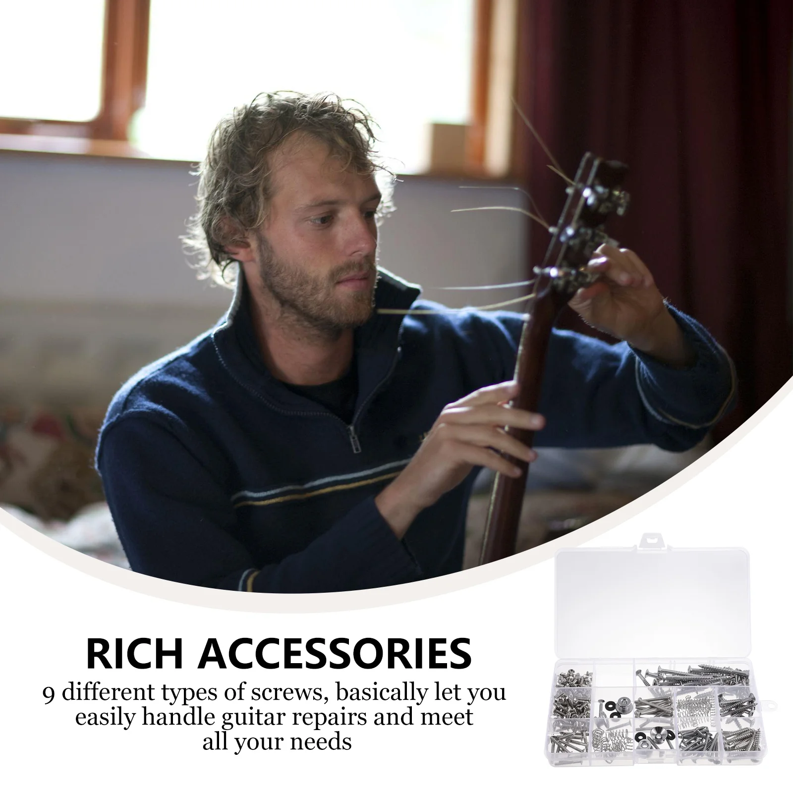 Guitar Repair Tools Kit 9 Types Screws 2 Belt Buttons Pickup Ring Bridge Mounting Suitable Electric Guitars Storage Box
Guitar Repair Tools Kit 9 Types Screws 2 Belt Buttons Pickup Ring Bridge Mounting Suitable Electric Guitars Storage Box