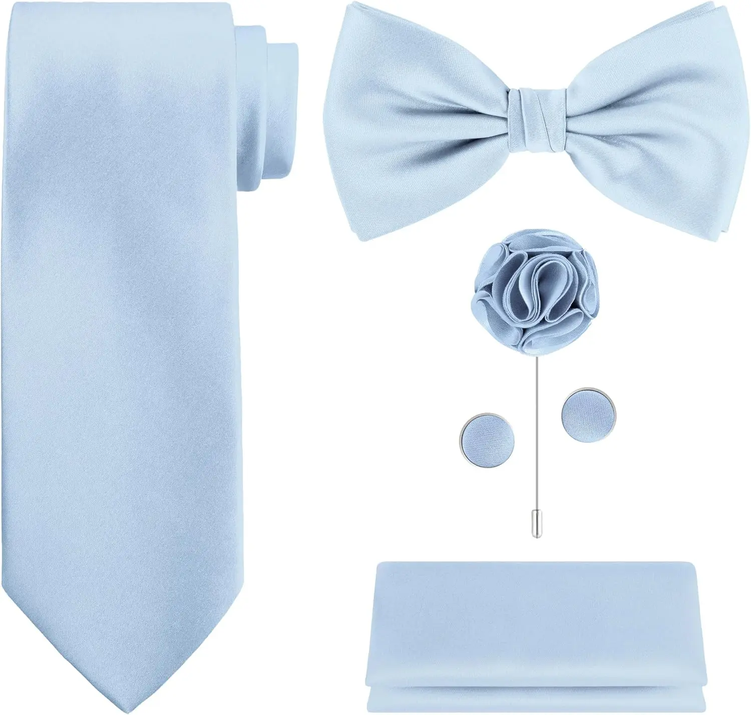 5pcs Tie Set in Gift Box: Solid Color Necktie, Satin Bow Tie, Pocket Square, Lapel Pin, Cuff Links
5pcs Tie Set in Gift Box: Solid Color Necktie, Satin Bow Tie, Pocket Square, Lapel Pin, Cuff Links