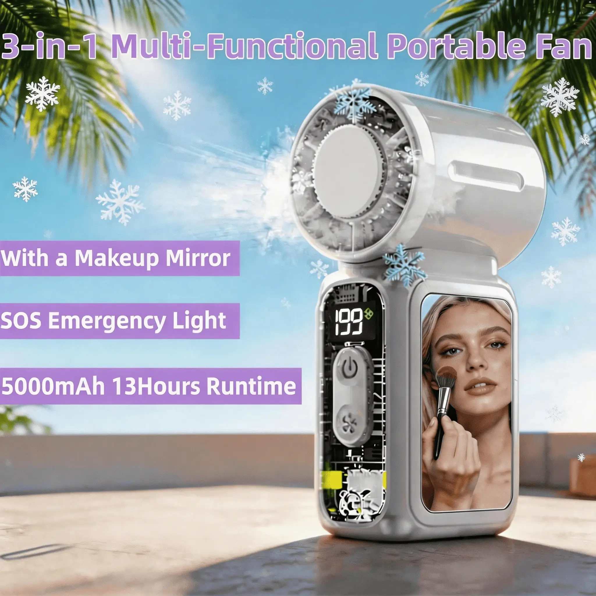 2026New Portable Fan,3-In-1 Handheld Fan, Neck Fan With A Makeup Mirror,5000mAh Battery 13H Long Lasting, 199 Adjustable Speeds, LED Flashlight & SOS Emergency Light, Type-C Rechargeable Ultra Quiet Mini Fan For Camping, Perfect Summer Gift
2026New Portable Fan,3-In-1 Handheld Fan, Neck Fan With A Makeup Mirror,5000mAh Battery 13H Long Lasting, 199 Adjustable Speeds, LED Flashlight & SOS Emergency Light, Type-C Rechargeable Ultra Quiet Mini Fan For Camping, Perfect Summer Gift