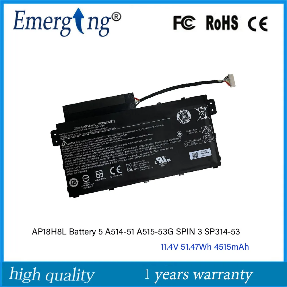 AP18H8L Battery For Acer Aspire 5 A514-51 A515-53G SPIN 3 SP314-53 Laptop 11.4V 51.47Wh 4515mAh
AP18H8L Battery For Acer Aspire 5 A514-51 A515-53G SPIN 3 SP314-53 Laptop 11.4V 51.47Wh 4515mAh