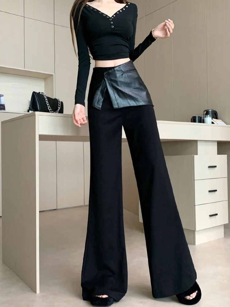 Black PU fart curtain wide leg pants women's autumn and winter design sense fake two piece high waisted straight leg pants
Black PU fart curtain wide leg pants women's autumn and winter design sense fake two piece high waisted straight leg pants