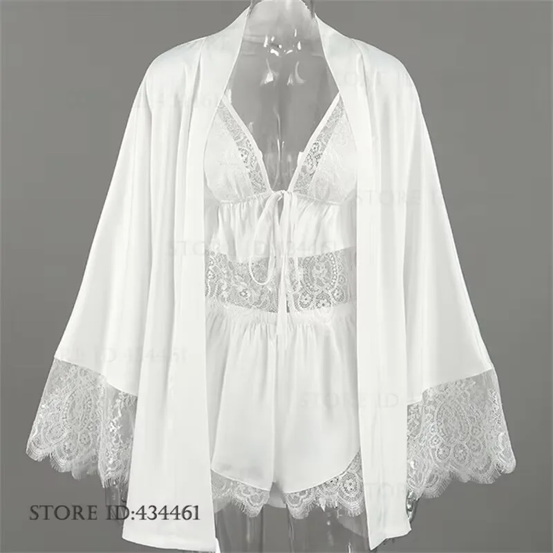 New Female 3PCS Robe Pajamas Set Loungeweaer Summer SEXY Hollow Out Lace Lingerie Pijamas Suit Loose Satin Homewear Sleepwear
New Female 3PCS Robe Pajamas Set Loungeweaer Summer SEXY Hollow Out Lace Lingerie Pijamas Suit Loose Satin Homewear Sleepwear