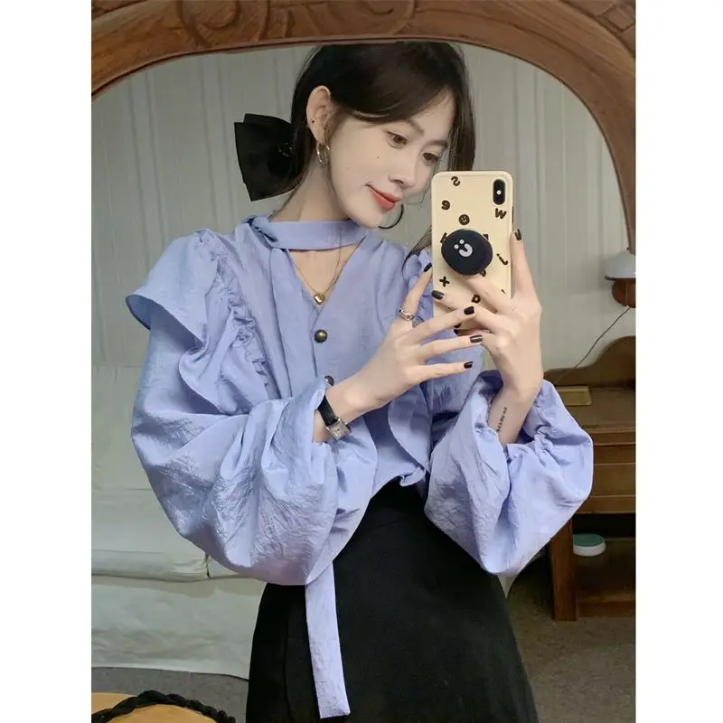 2023 Spring New Women Shirt French Niche Lantern Sleeve Shirt Solid Color Wooden Ear Edge Tie Chic Long Sleeve Blouse Female
2023 Spring New Women Shirt French Niche Lantern Sleeve Shirt Solid Color Wooden Ear Edge Tie Chic Long Sleeve Blouse Female