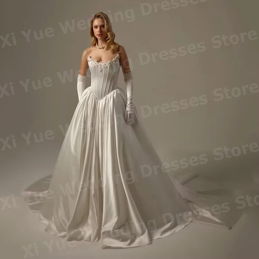 Simple A Line Women's Appliques Sleeveless Wedding Dresses Vestido De Novia Bride Gowns Satin Ruched Customized Robe De Mariée
Simple A Line Women's Appliques Sleeveless Wedding Dresses Vestido De Novia Bride Gowns Satin Ruched Customized Robe De Mariée
