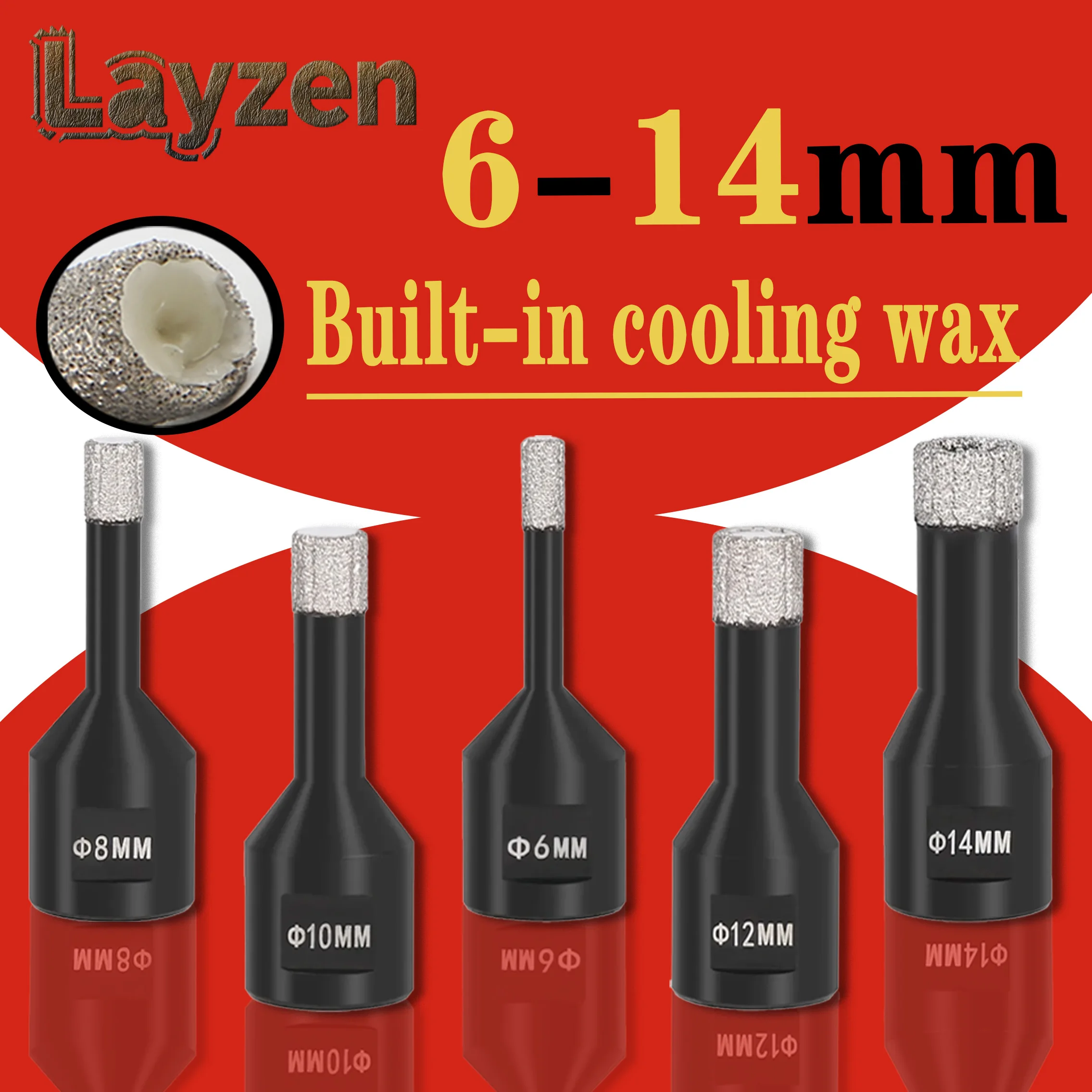 Layzen M14 Thread Vacuum Brazed Diamond Core Bit Set 6/8/10/12/14mm With Built-in Cooling Wax For Porcelain Tile Granite Marble
Layzen M14 Thread Vacuum Brazed Diamond Core Bit Set 6/8/10/12/14mm With Built-in Cooling Wax For Porcelain Tile Granite Marble