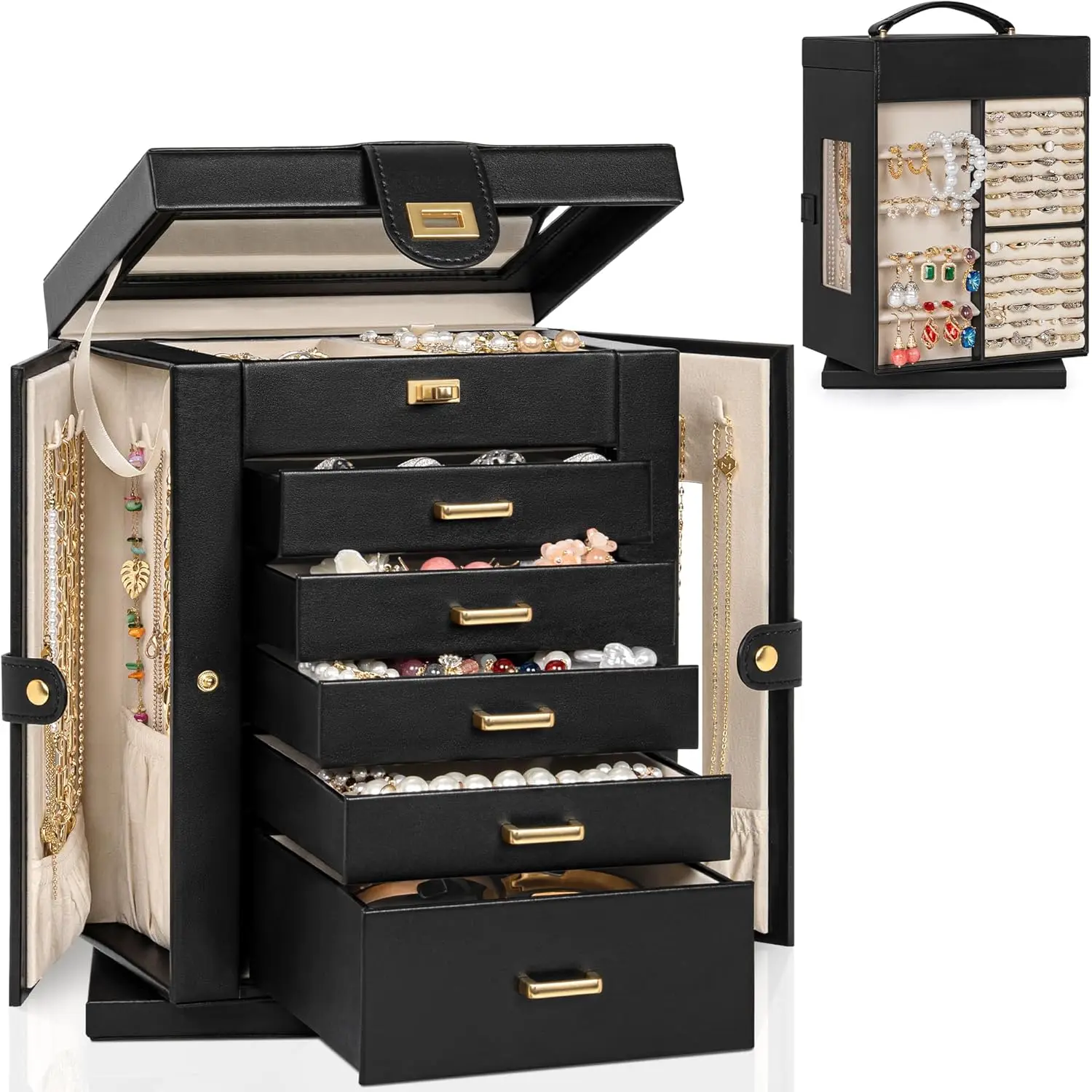 6-Tier Jewelry Box with Mirror, 360° Rotating Organizer for Rings, Necklaces, Earrings – Compact Storage Case for Women & Girls
6-Tier Jewelry Box with Mirror, 360° Rotating Organizer for Rings, Necklaces, Earrings – Compact Storage Case for Women & Girls