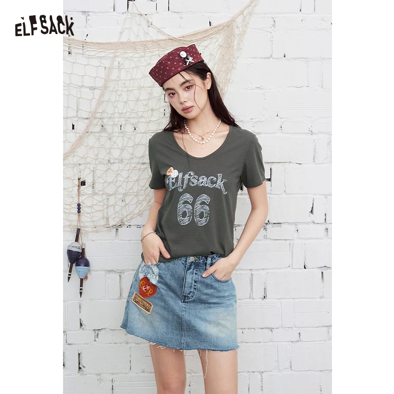 ELFSACK "66" Number Print Ruched Baby Tee, Curved Hem Fitted T-Shirt
ELFSACK "66" Number Print Ruched Baby Tee, Curved Hem Fitted T-Shirt