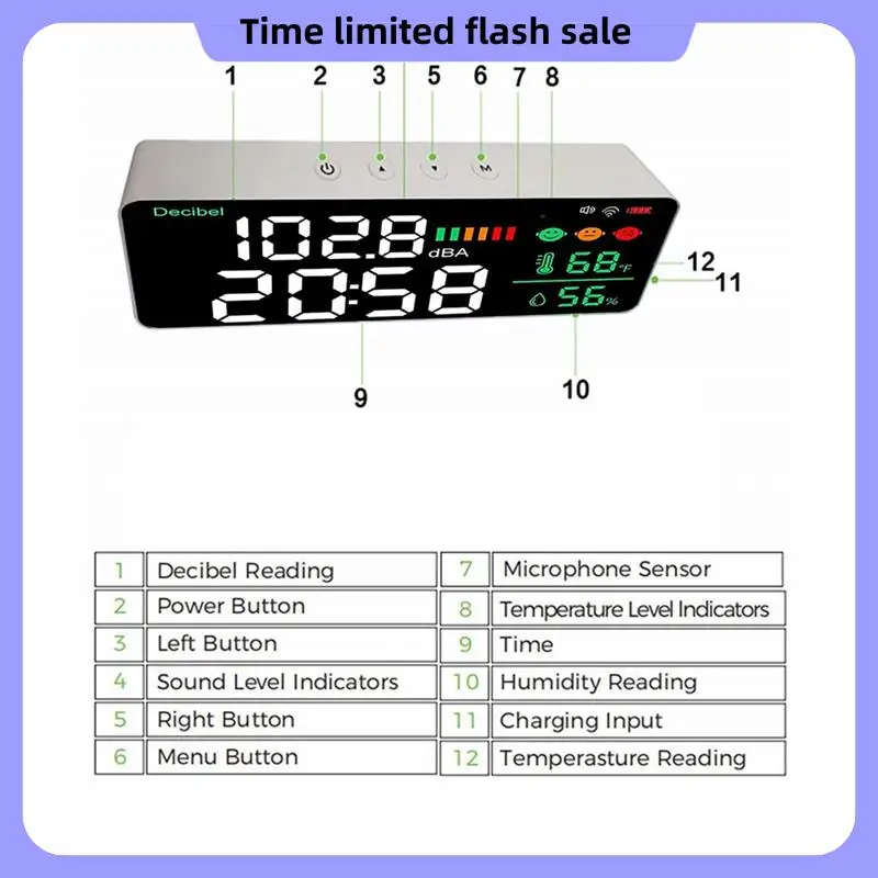 LED Decibel Meter Wifi Wall Mounted Sound Level Meter Digital Clock Temperature Humidity Meter, 30-130DBA DB Meter
LED Decibel Meter Wifi Wall Mounted Sound Level Meter Digital Clock Temperature Humidity Meter, 30-130DBA DB Meter