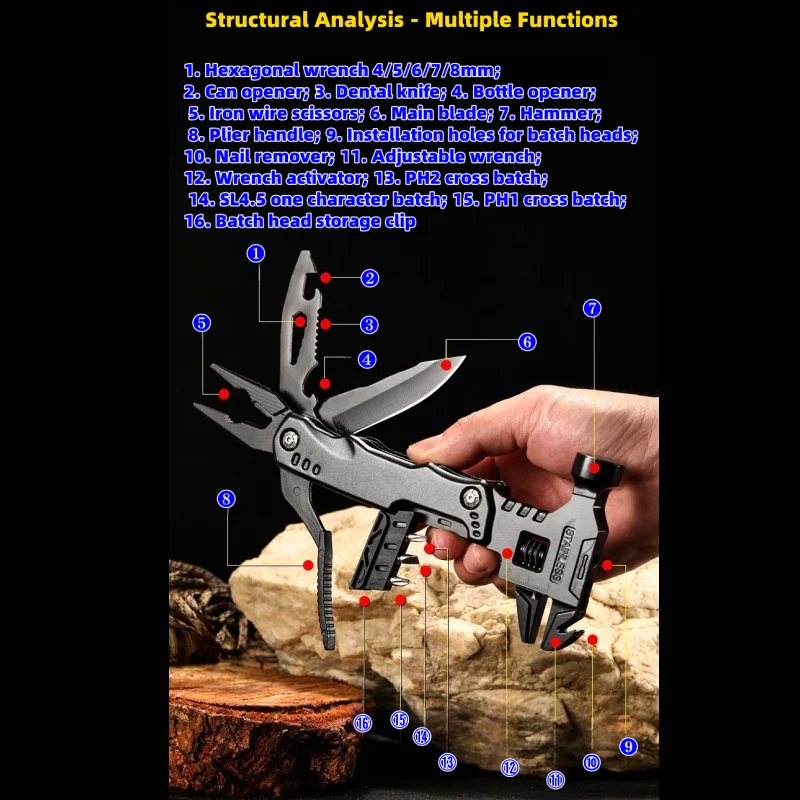 Многофункциональные плоскогубцы, молоток, уличный гаечный ключ, складные плоскогубцы, нож для выживания, аварийный инструмент, молоток
Многофункциональные плоскогубцы, молоток, уличный гаечный ключ, складные плоскогубцы, нож для выживания, аварийный инструмент, молоток