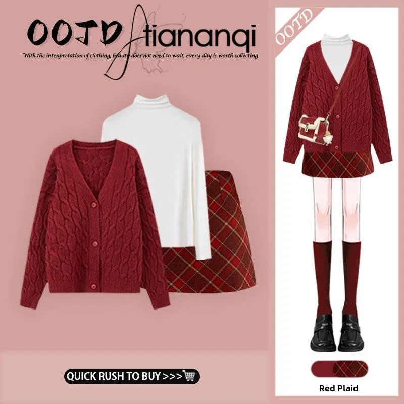 Lagenlook Sle V-Ne Knitted Cardigan Sweater High Waist Plaid Skirt Tee-Piece Set Long Sve Inner Wear Retro Top
Lagenlook Sle V-Ne Knitted Cardigan Sweater High Waist Plaid Skirt Tee-Piece Set Long Sve Inner Wear Retro Top