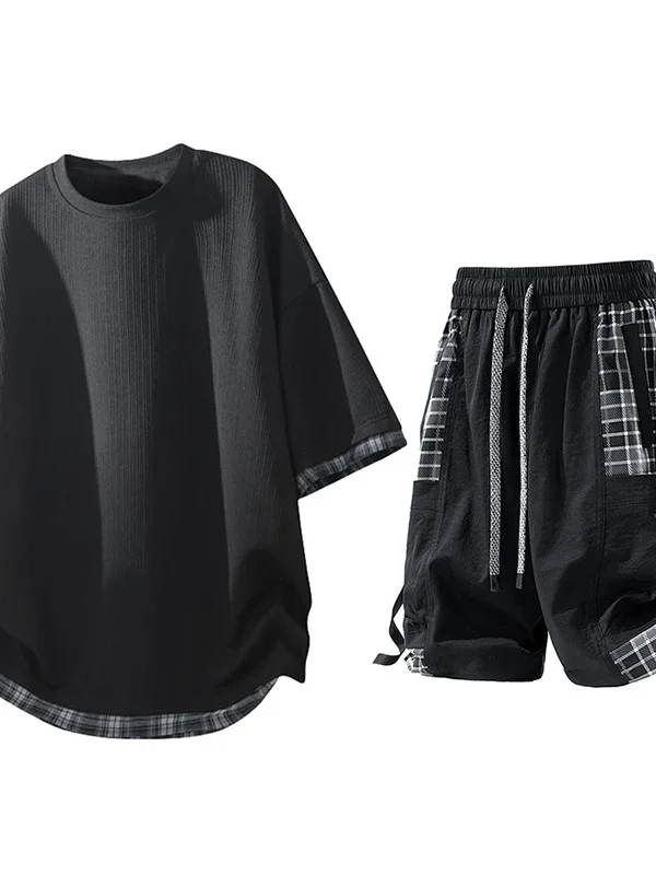Plaid Patchwork Short Sleeve T-Shirt Set Men's Summer Straight Leg Shorts Two-Piece Set Casual Sportswear Ensemble
Plaid Patchwork Short Sleeve T-Shirt Set Men's Summer Straight Leg Shorts Two-Piece Set Casual Sportswear Ensemble