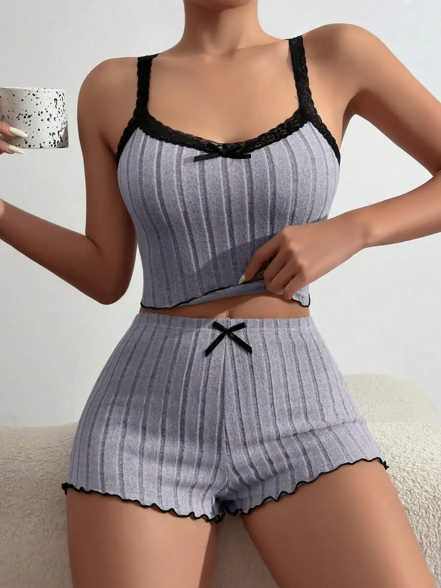Womens Lace Trim Ribbed Cami Top And Shorts Pajama Set Lounge Wear
Womens Lace Trim Ribbed Cami Top And Shorts Pajama Set Lounge Wear
