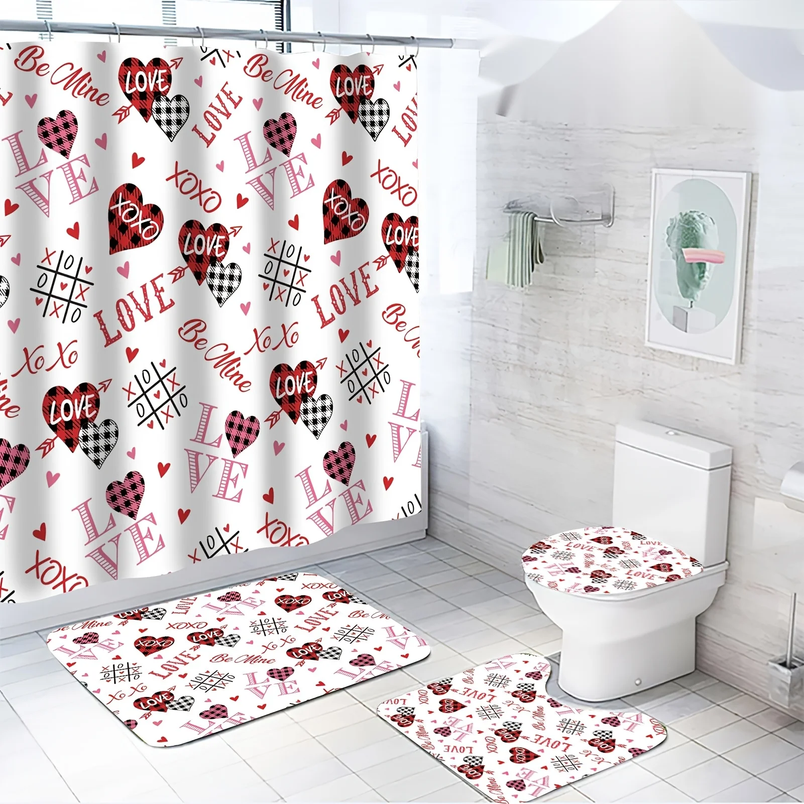 Valentine's Day Bathroom Set of 4 – Romantic Shower Curtain & Toilet Lid Cover+2 Bath Mats,Love Be Mine XOXO Plaid Hearts Design
Valentine's Day Bathroom Set of 4 – Romantic Shower Curtain & Toilet Lid Cover+2 Bath Mats,Love Be Mine XOXO Plaid Hearts Design