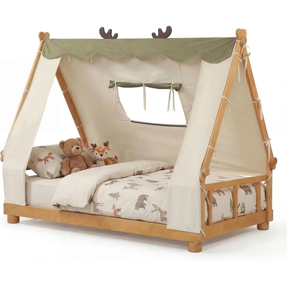 Twin Size Wooden Kids Bed with Antler Design, Tent, Window, Guard Rails, and Slat Support (Natural & Green)
Twin Size Wooden Kids Bed with Antler Design, Tent, Window, Guard Rails, and Slat Support (Natural & Green)