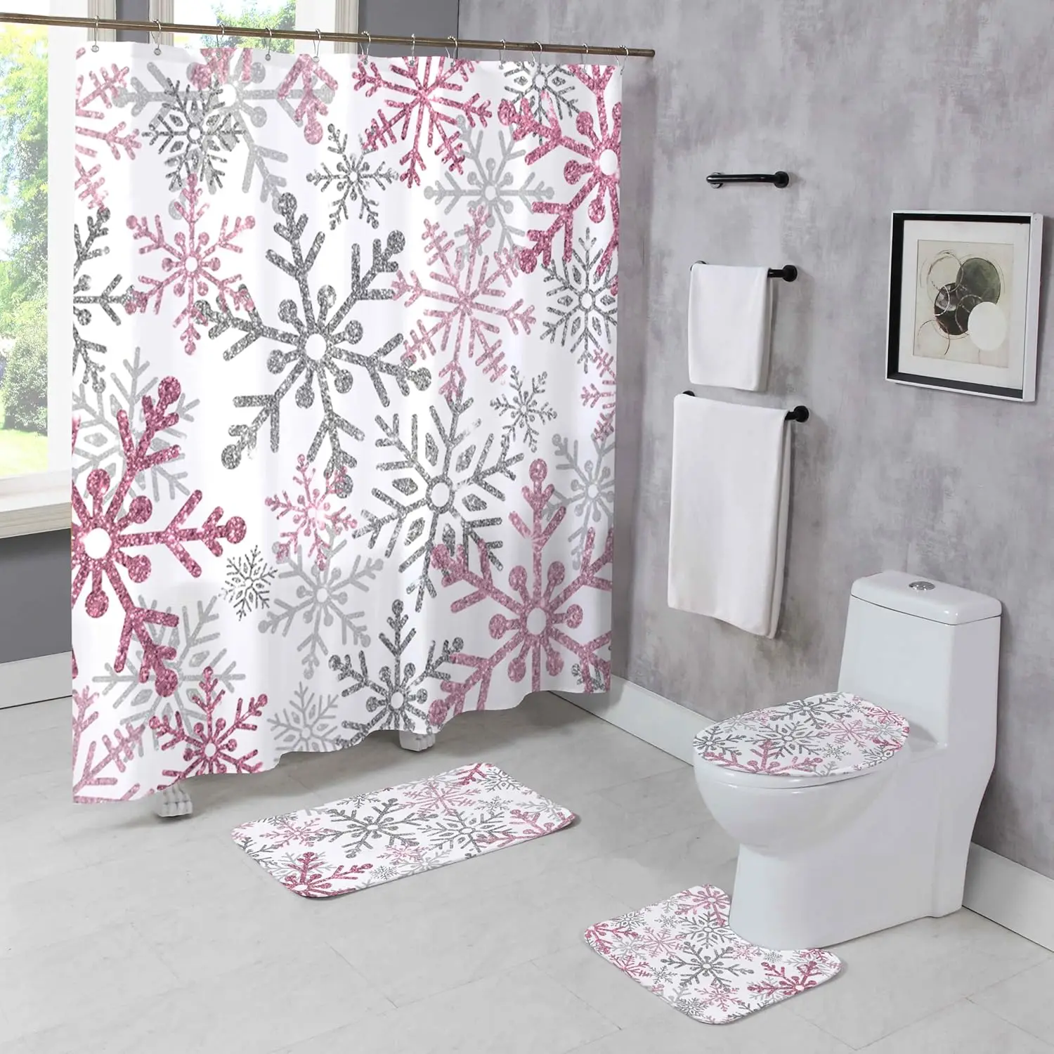 4 Pcs Pink Snowflake Shower Curtain Sets with Rugs Winter Christmas Bathroom Set Home Bath Bathtub Decor Durable Curtains Mats
4 Pcs Pink Snowflake Shower Curtain Sets with Rugs Winter Christmas Bathroom Set Home Bath Bathtub Decor Durable Curtains Mats