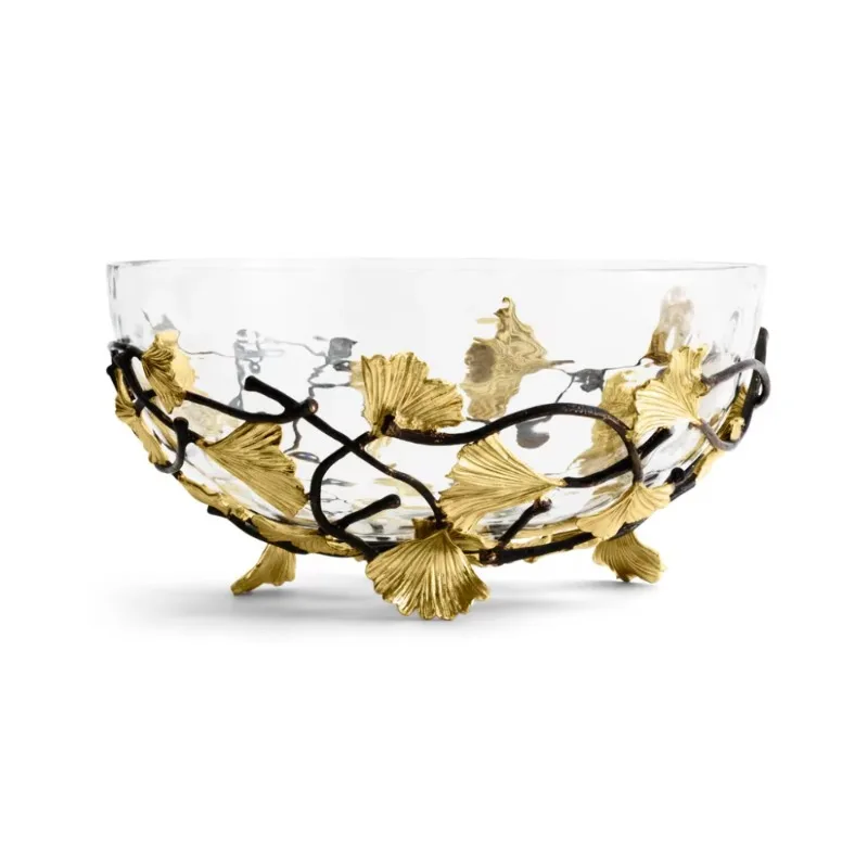 Glass decorative bowl with gold leaf metal holder for table fruit salad snack display household
Glass decorative bowl with gold leaf metal holder for table fruit salad snack display household