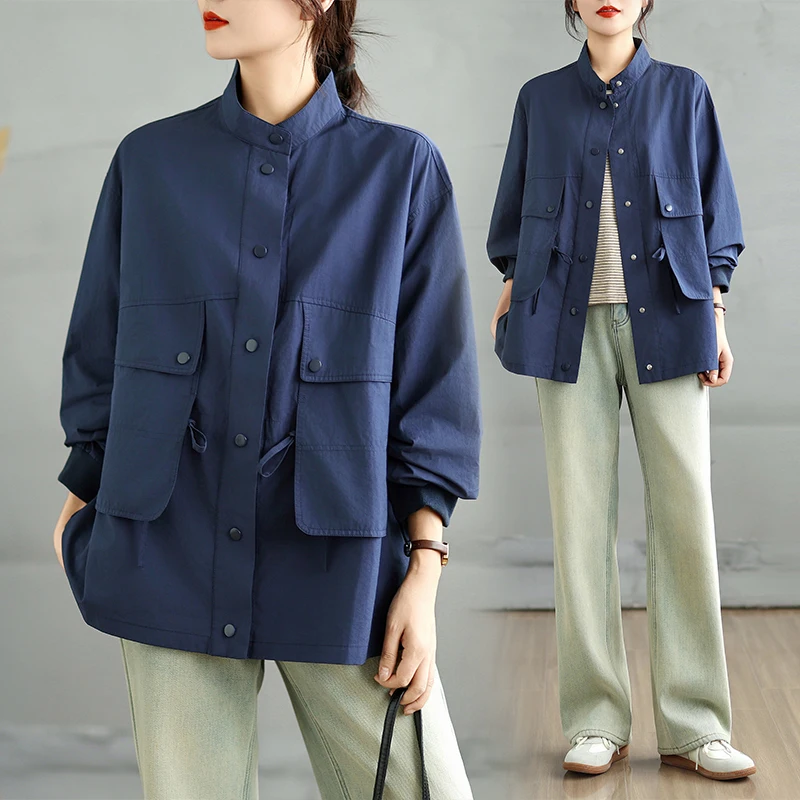 Casual Bamboo Cotton Workwear Jaet Long Sves Stand Collar Loose Fit Women's Autumn Faion Outerwear irt Sve
Casual Bamboo Cotton Workwear Jaet Long Sves Stand Collar Loose Fit Women's Autumn Faion Outerwear irt Sve