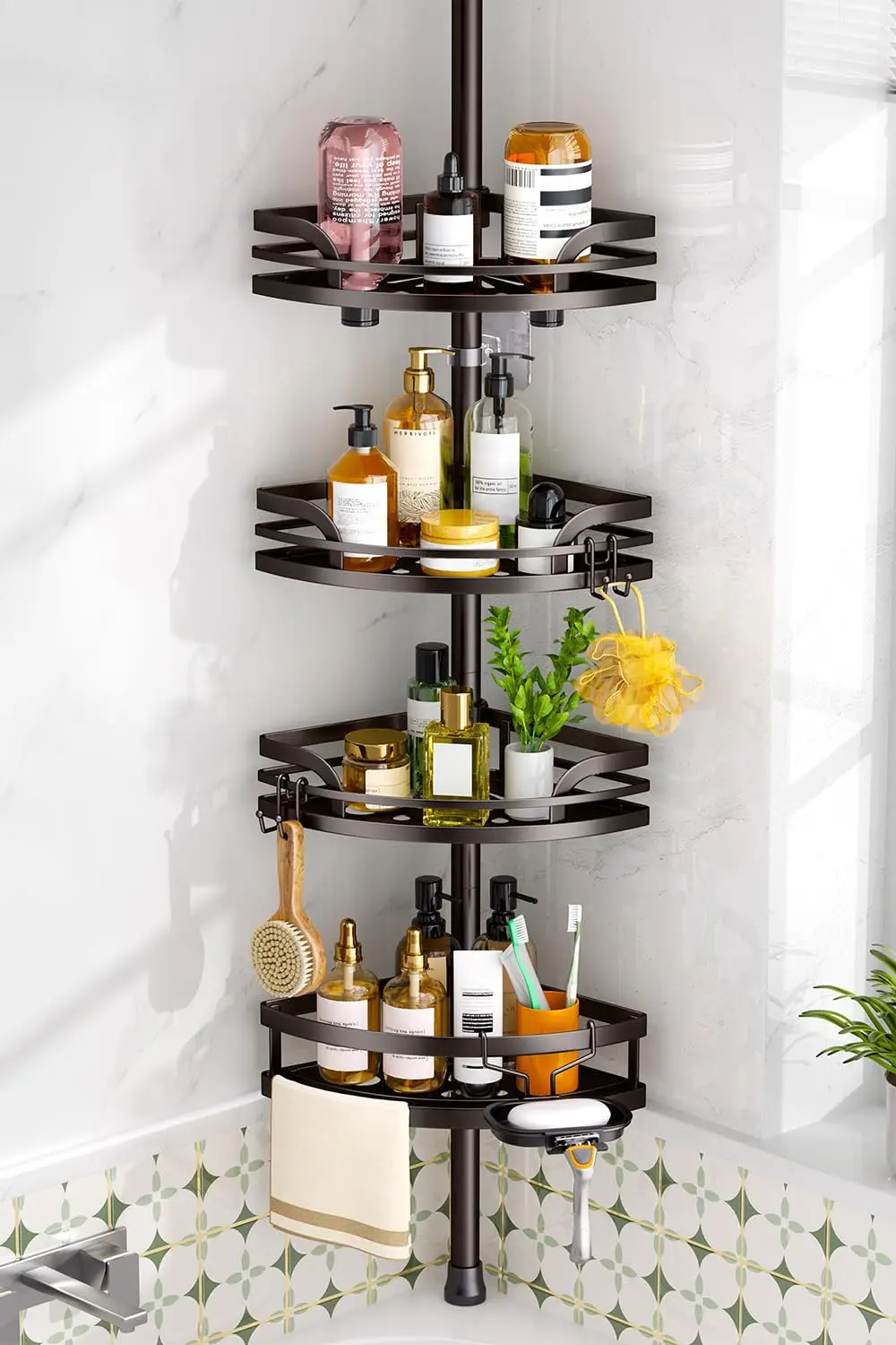 Adjustable Bronze Tension Pole Shower Caddy With 4-Tier Corner Shelf, Soap Dish And Hooks For Shampoo, Lotion, Toothbrushes
Adjustable Bronze Tension Pole Shower Caddy With 4-Tier Corner Shelf, Soap Dish And Hooks For Shampoo, Lotion, Toothbrushes