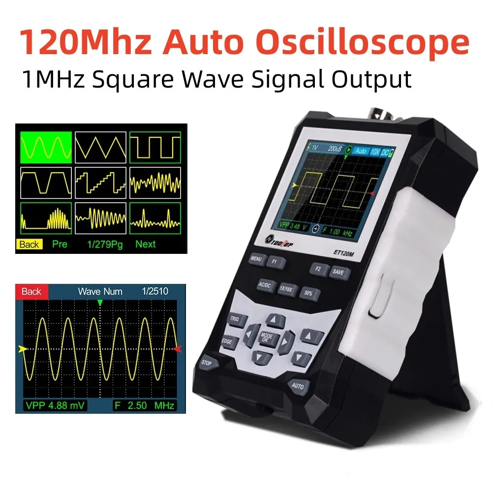 Tooltop Et120m 120mhz Handheld Digital Oscilloscope 1mhz Square Wave Signal Output Auto Oscilloscope For Electrical Car Repair
Tooltop Et120m 120mhz Handheld Digital Oscilloscope 1mhz Square Wave Signal Output Auto Oscilloscope For Electrical Car Repair