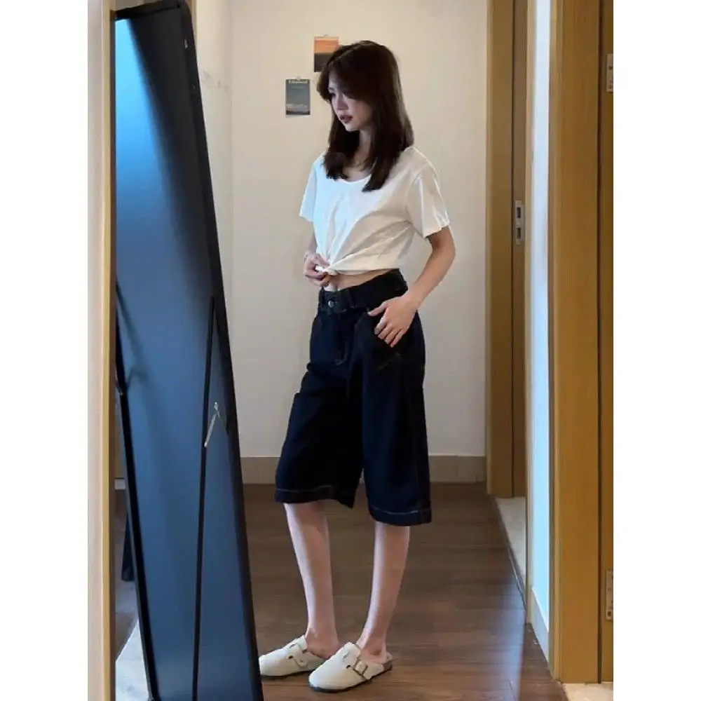Sweet Cool Sle High Waist Five-Quarter Denim orts Women Loose Slimming Design Straight Leg Trendy Mid-Calf Pants
Sweet Cool Sle High Waist Five-Quarter Denim orts Women Loose Slimming Design Straight Leg Trendy Mid-Calf Pants