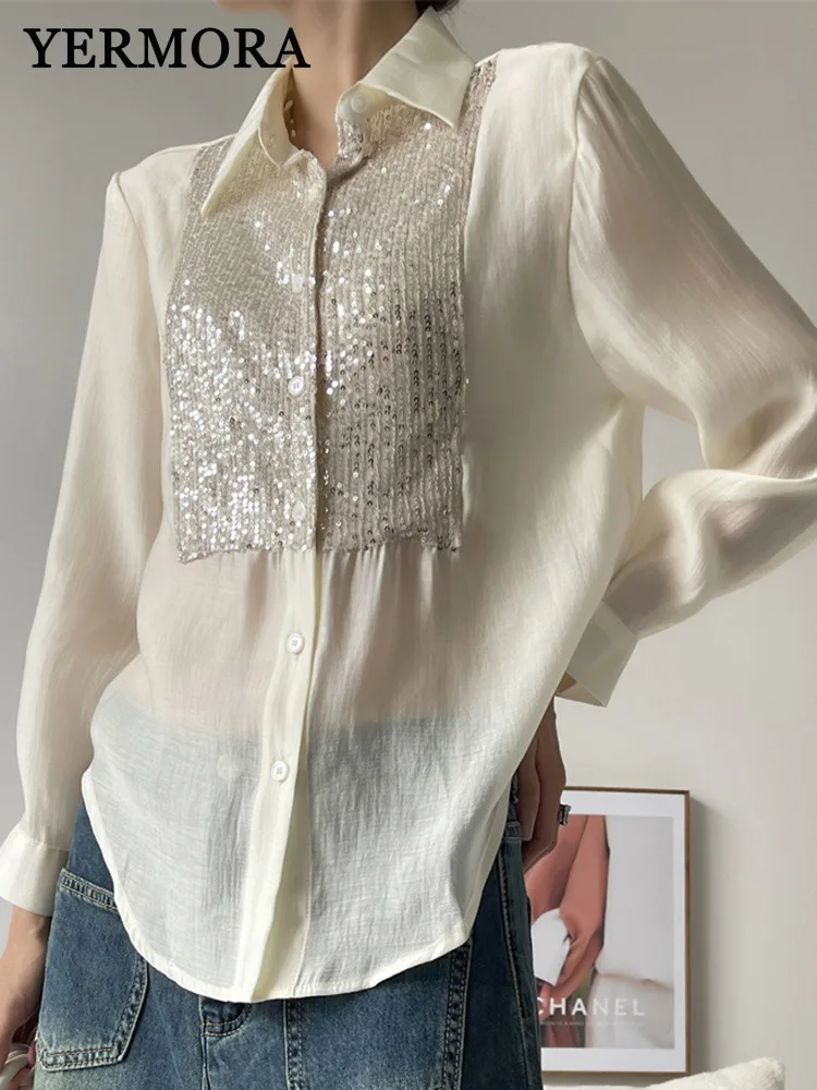 YERMORA Apricot Spliced Sequins Elegant Thin Blouse For Women Lapel Long Sleeve Loose New Shirt Fshaion Tdie Srping Summer 2025
YERMORA Apricot Spliced Sequins Elegant Thin Blouse For Women Lapel Long Sleeve Loose New Shirt Fshaion Tdie Srping Summer 2025