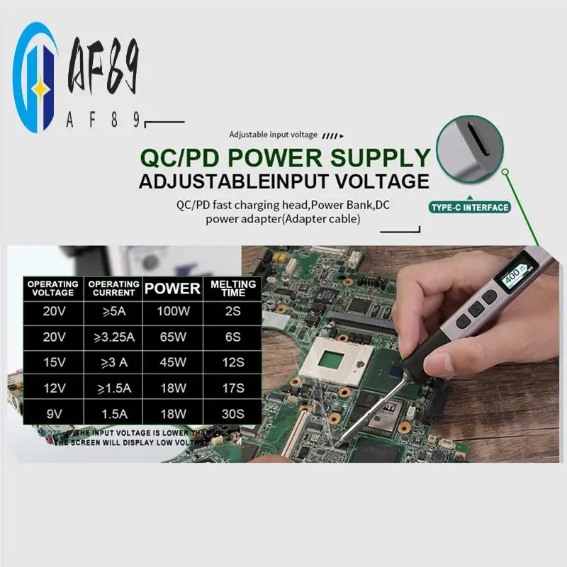 AF89-PTS201 PD 100W Smart Soldering Iron Portable Solder Station PID Temperature Control For Electronic DIY Repair 
AF89-PTS201 PD 100W Smart Soldering Iron Portable Solder Station PID Temperature Control For Electronic DIY Repair