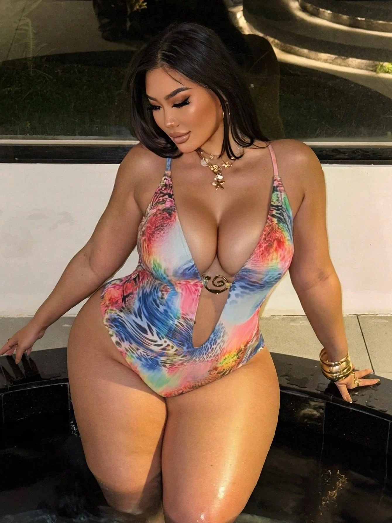 Abstract Tie-Dye One-Piece Swimsuit With Deep V-Neck, Cutout Detail, Adjustable Straps And Backless Design For Summer Beach
Abstract Tie-Dye One-Piece Swimsuit With Deep V-Neck, Cutout Detail, Adjustable Straps And Backless Design For Summer Beach
