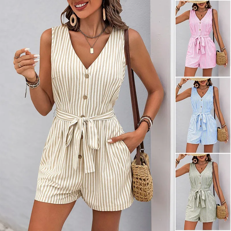 Sleeveless V Neck Jumpsuit Button Front Romper High Waist Straight Leg Short Jumpsuit Pink Striped Knee Length Jumpsuits
Sleeveless V Neck Jumpsuit Button Front Romper High Waist Straight Leg Short Jumpsuit Pink Striped Knee Length Jumpsuits