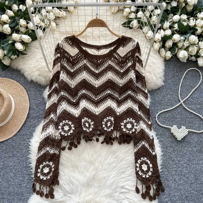 Sweater For Women Crochet Top Female Long Sleeve V-neck Wavy Striped Open-knit Pullover Patchwork Boho Zigzag Outfit
Sweater For Women Crochet Top Female Long Sleeve V-neck Wavy Striped Open-knit Pullover Patchwork Boho Zigzag Outfit