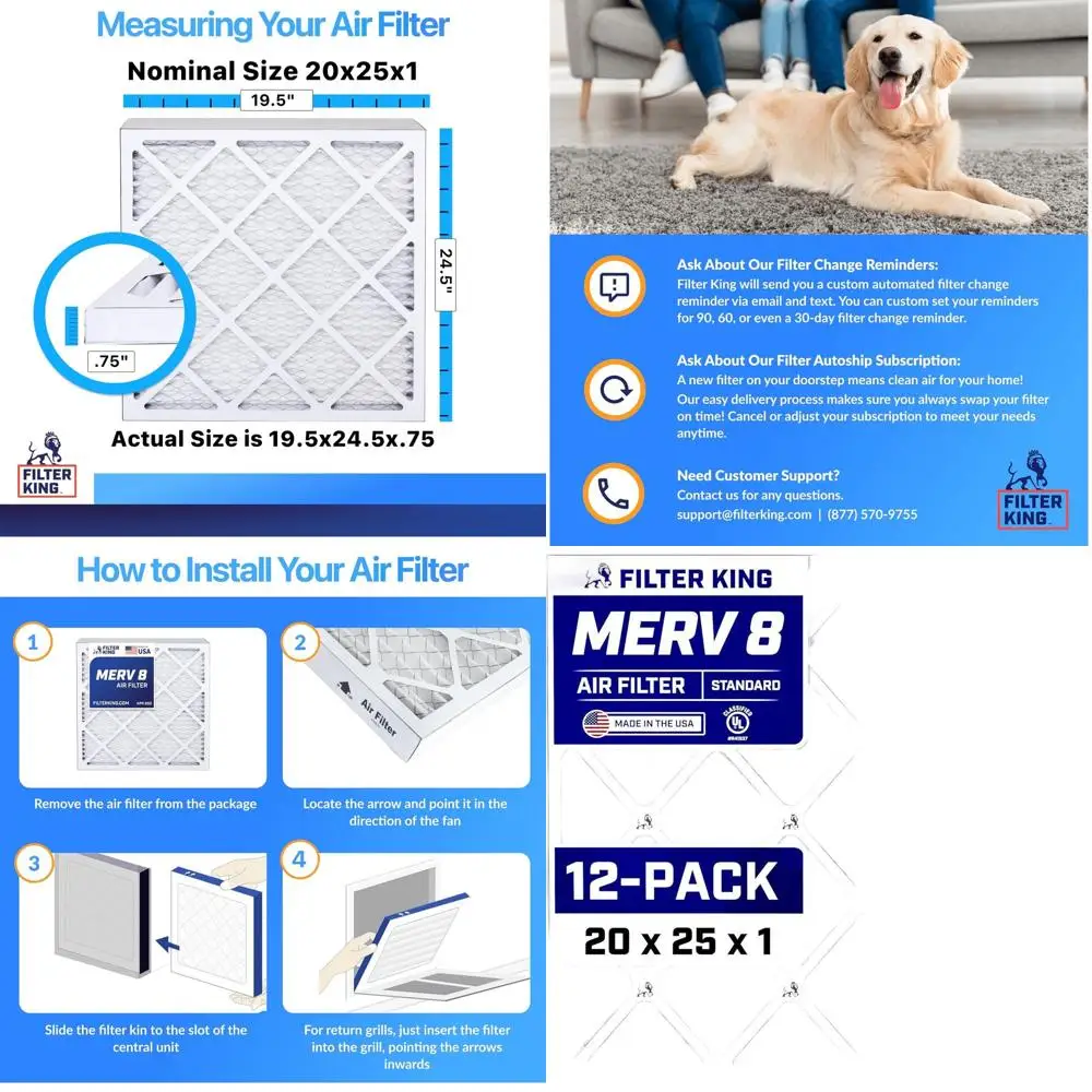 12-Pack 20x25x1 MERV 8 Air Filters for Dust and Allergy Control, USA Made, Pleated HVAC Filters
12-Pack 20x25x1 MERV 8 Air Filters for Dust and Allergy Control, USA Made, Pleated HVAC Filters