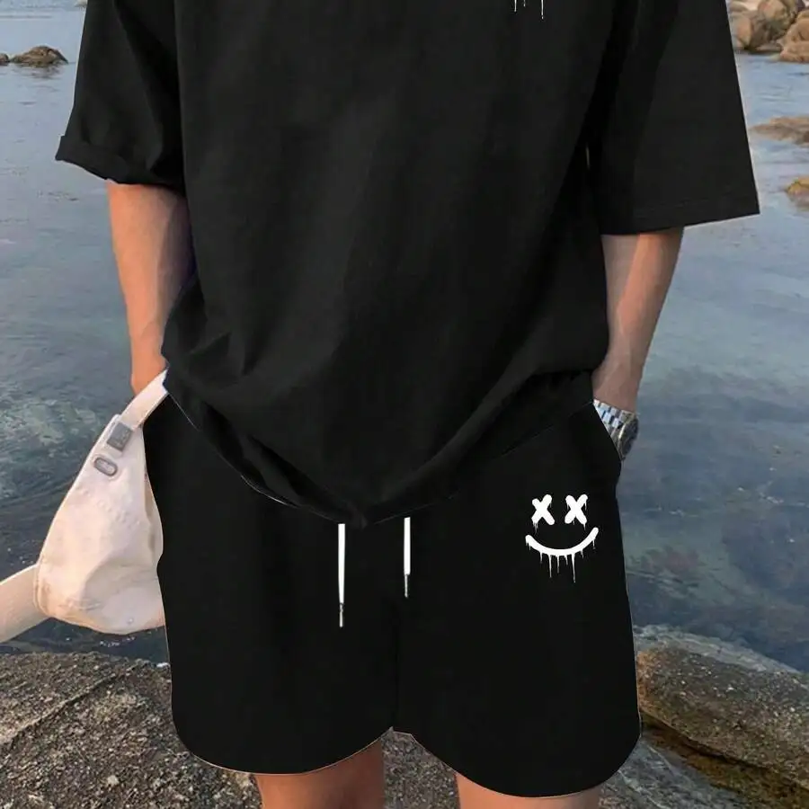 Mens Black Crew Neck Short Sleeve T-Shirt And Shorts Set With Smiley Print
Mens Black Crew Neck Short Sleeve T-Shirt And Shorts Set With Smiley Print