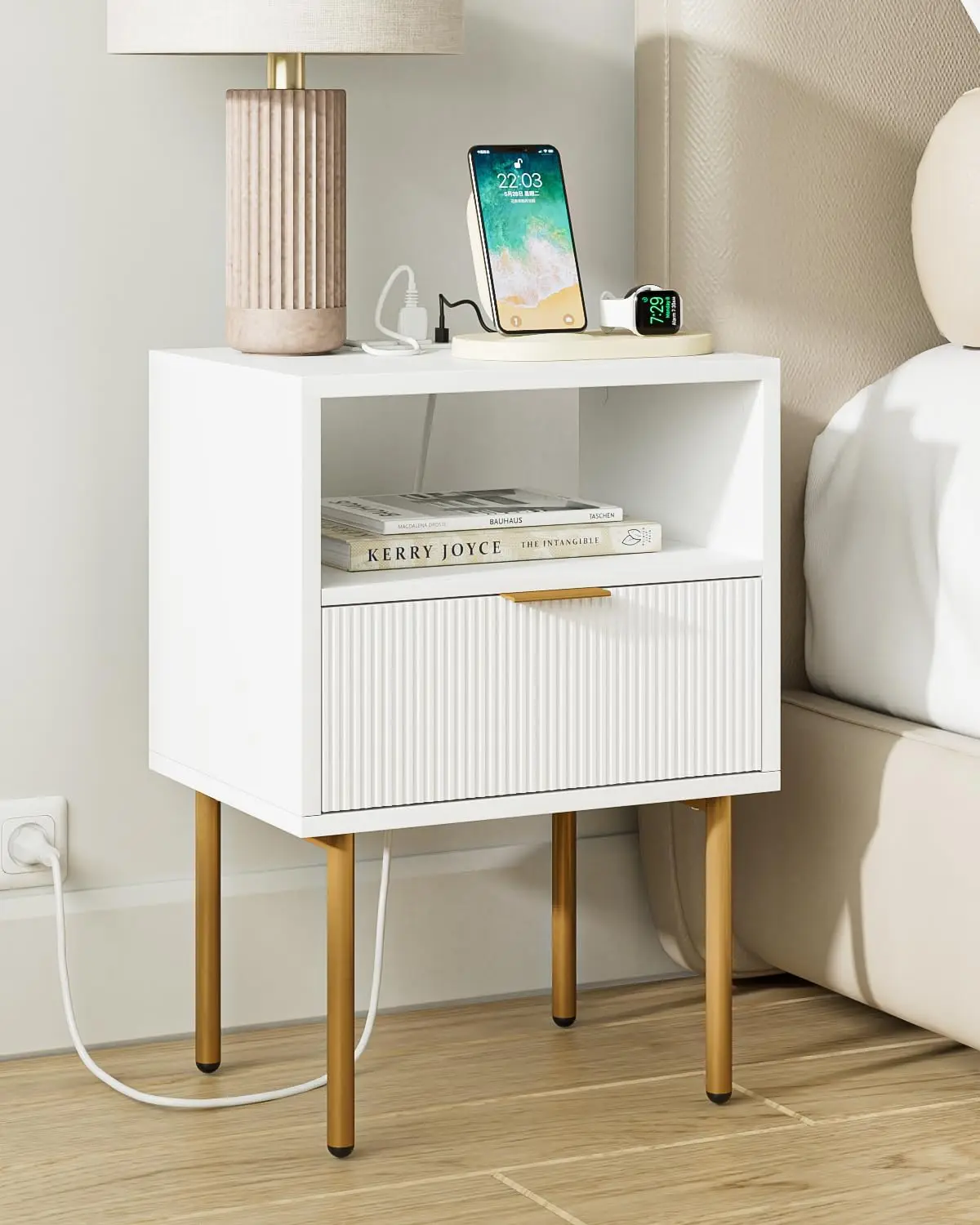 Small Bedside Table with Gold Frame,White Night Stand,Bedside Furniture,Side Table with Drawer and Shelf for Bedroom,Living
Small Bedside Table with Gold Frame,White Night Stand,Bedside Furniture,Side Table with Drawer and Shelf for Bedroom,Living