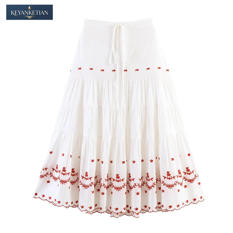 KEYANKETIAN 2026 Summer Bohemian Floral Embroidered Tiered Maxi Skirt High Waist Drawstring & Red Floral Detail A-Line Skirt
KEYANKETIAN 2026 Summer Bohemian Floral Embroidered Tiered Maxi Skirt High Waist Drawstring & Red Floral Detail A-Line Skirt