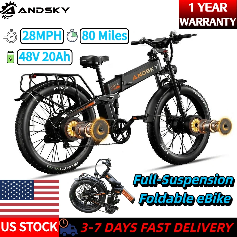 ANDSKY Forge 26 Electric Bike 48V 20Ah 28MPH Top Speed Full-Suspension Foldable E-bike with LED Display 80Miles Long Range 1300W Motor Power 100Nm Torque 26"x4.0" Fat Tire Folding Electric Bicycle
ANDSKY Forge 26 Electric Bike 48V 20Ah 28MPH Top Speed Full-Suspension Foldable E-bike with LED Display 80Miles Long Range 1300W Motor Power 100Nm Torque 26"x4.0" Fat Tire Folding Electric Bicycle
