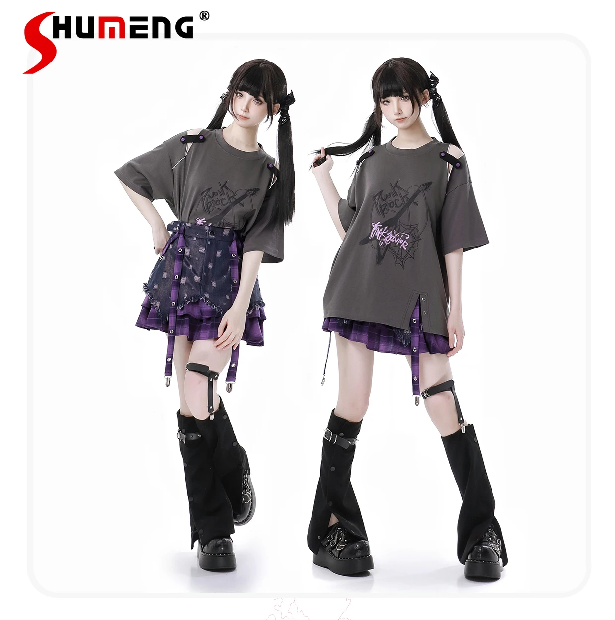 Fashion Street Rock Girl Off-Shoulder Short Sleeve Printed T-Shirt High Waist Plaid Splicing Denim Skirts Two-piece Sets Women
Fashion Street Rock Girl Off-Shoulder Short Sleeve Printed T-Shirt High Waist Plaid Splicing Denim Skirts Two-piece Sets Women