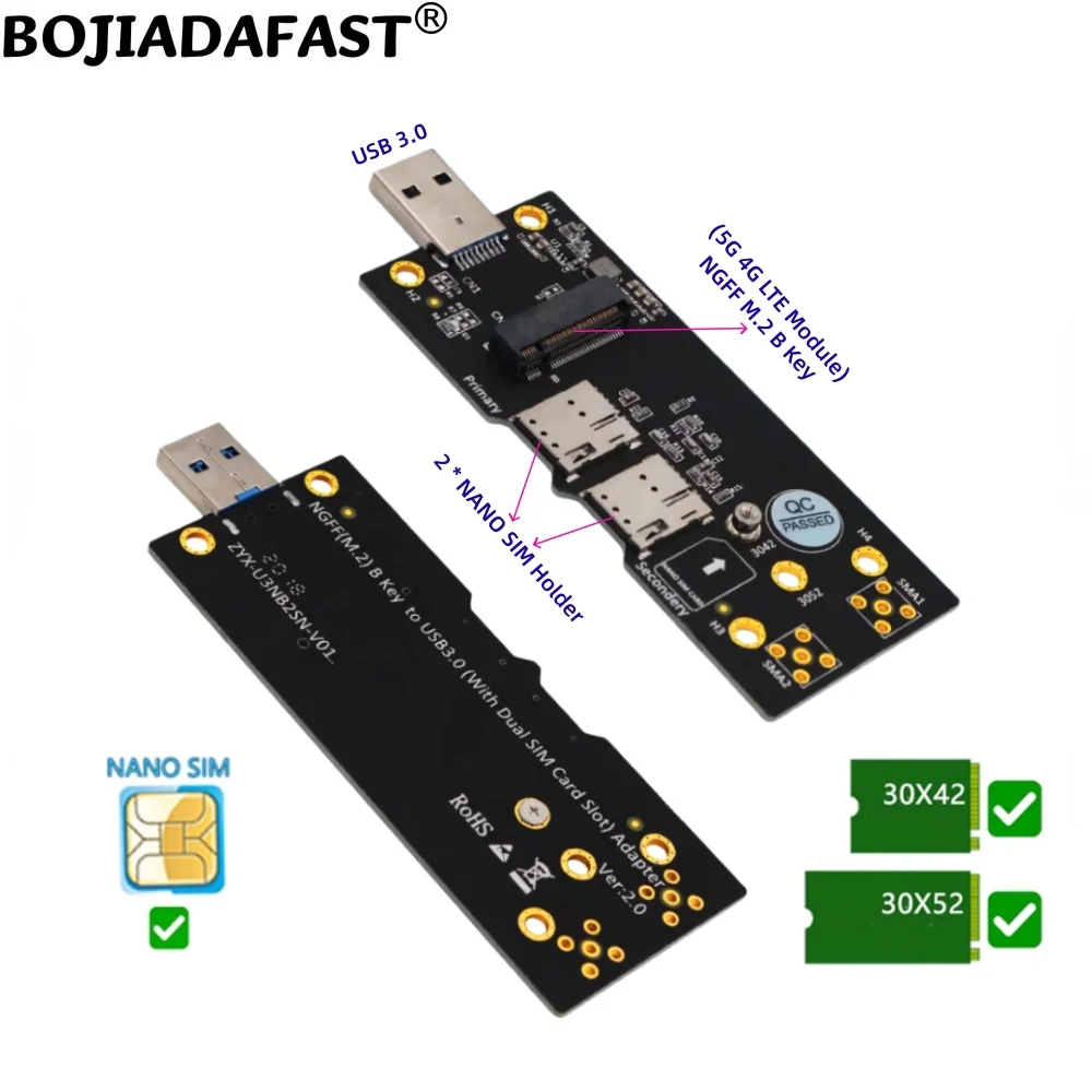 USB 3.0 Type-A Connector NGFF M.2 B-Key Wireless Adapter Dual 2 NANO SIM Card Slot For 5G 4G LTE Module Modem
USB 3.0 Type-A Connector NGFF M.2 B-Key Wireless Adapter Dual 2 NANO SIM Card Slot For 5G 4G LTE Module Modem