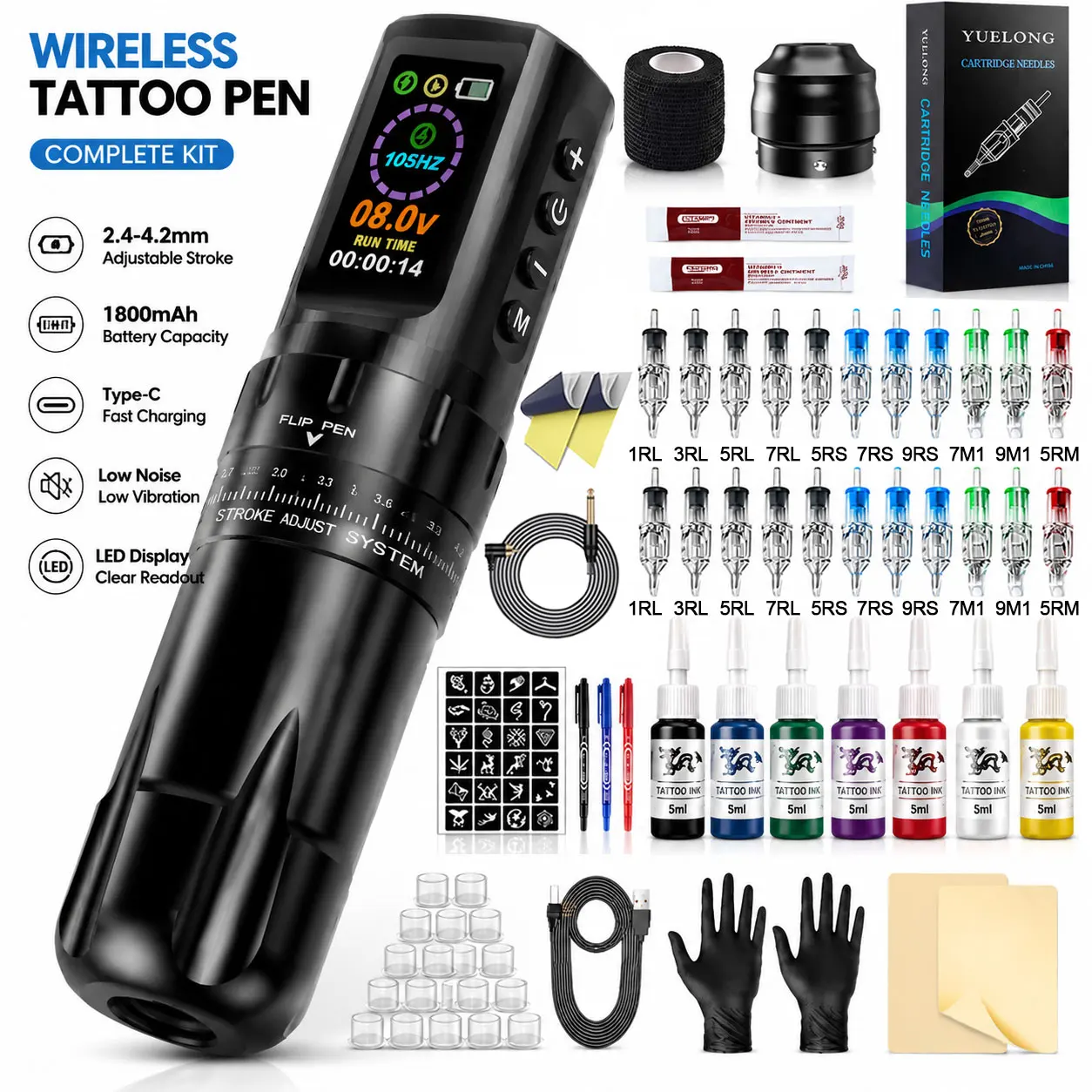 Complete Wireless Tattoo Pen Machine Kit Rotary Adjustable 2.4-4.2mm Strokes Tattoo Machine with Mixed Cartridge Needles Set
Complete Wireless Tattoo Pen Machine Kit Rotary Adjustable 2.4-4.2mm Strokes Tattoo Machine with Mixed Cartridge Needles Set