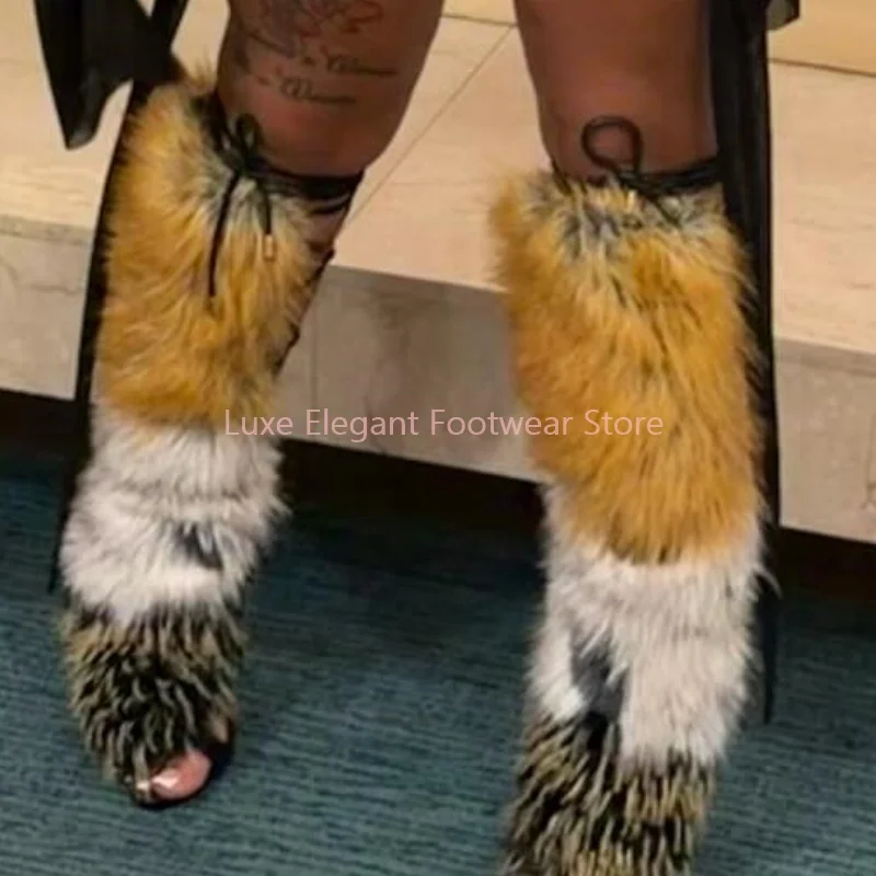 Black Faux Fur Cross-Tied Hollow Knee High Boots Women Mixed Colors Peep Toe Back Zipper Sandals Boots Fashion Gladiator Shoes
Black Faux Fur Cross-Tied Hollow Knee High Boots Women Mixed Colors Peep Toe Back Zipper Sandals Boots Fashion Gladiator Shoes