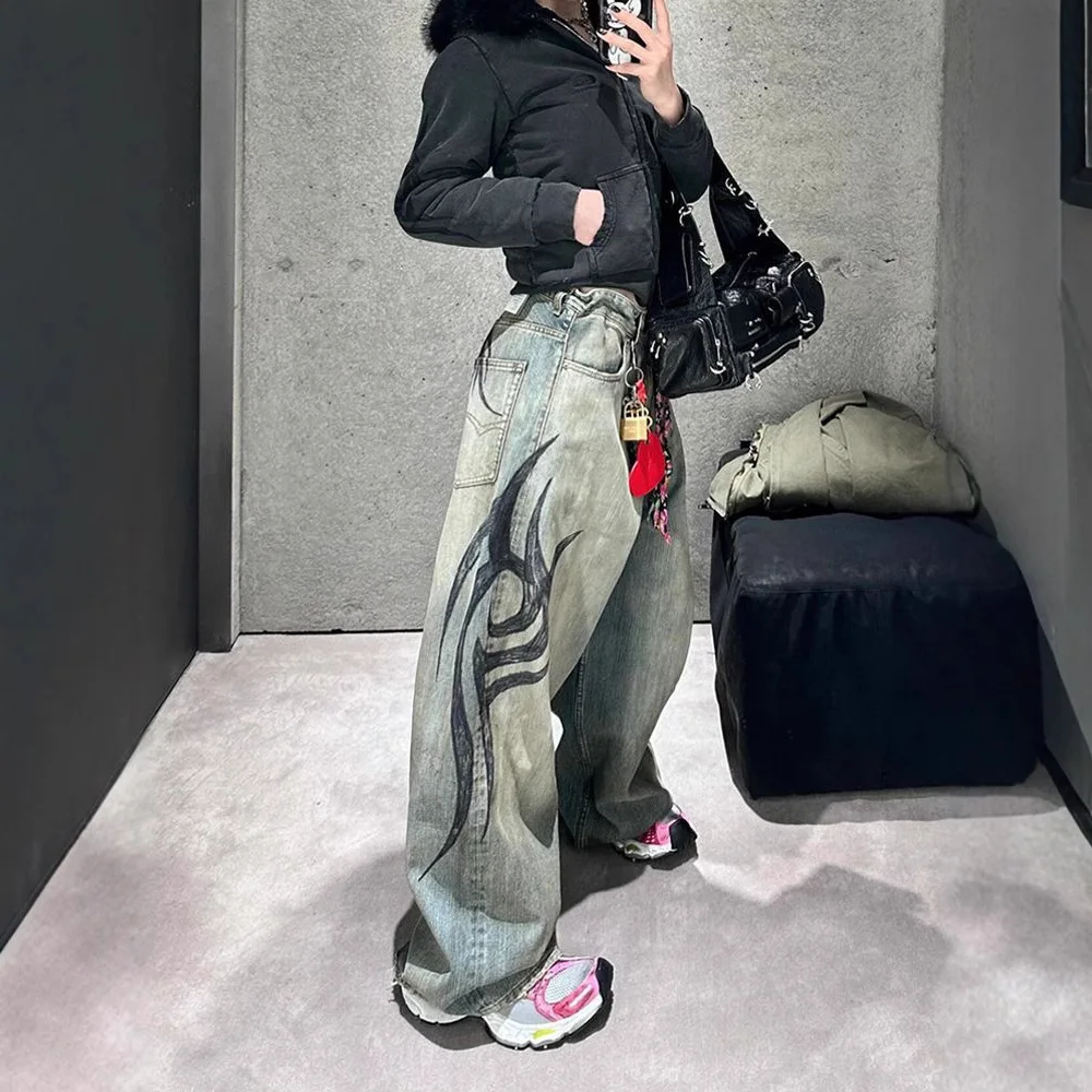 Trendy brand large size design totem print jeans women's high street loose babes hiphop floor trousers
Trendy brand large size design totem print jeans women's high street loose babes hiphop floor trousers