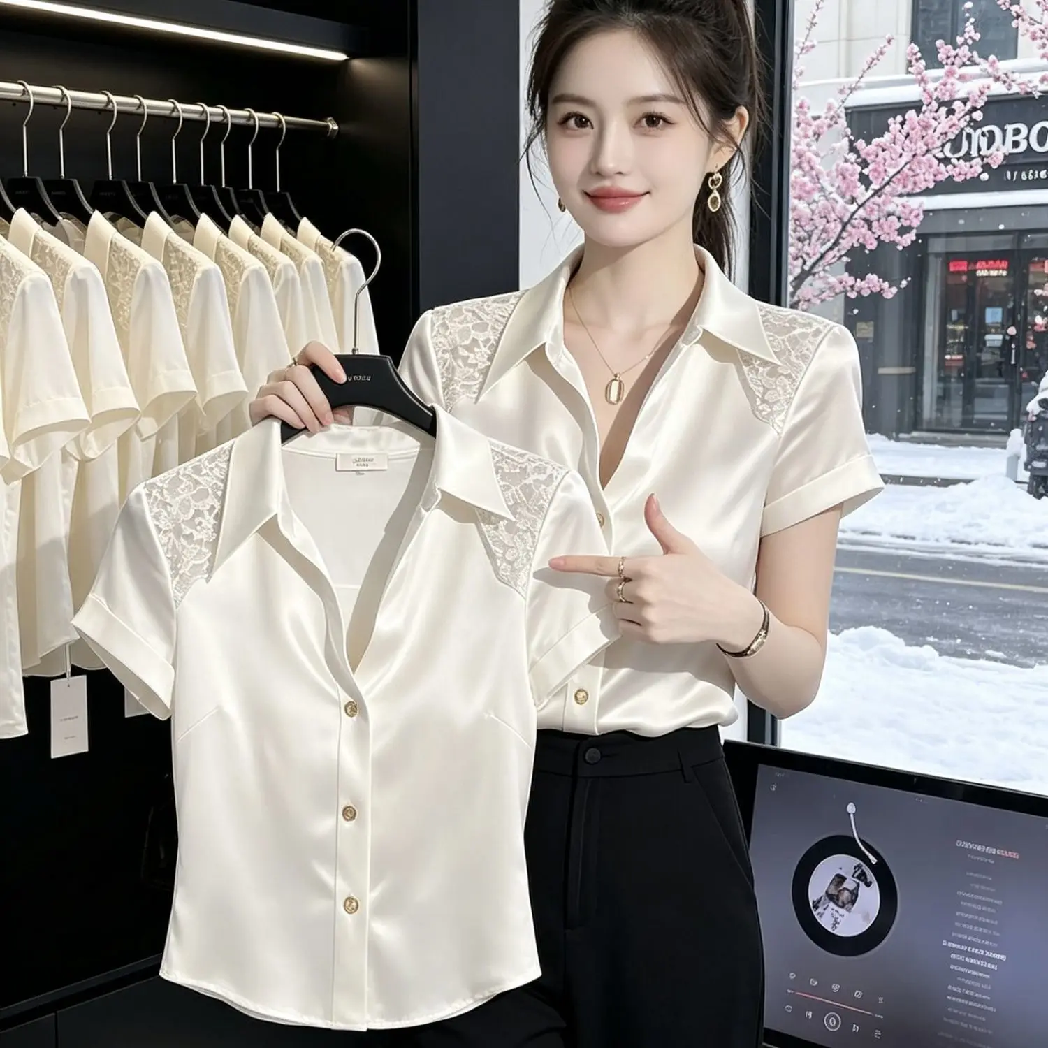 White Lace Splice Collar Short Sleeve Shirt Women's Summer New Office Commute Luxury High-End Feel Top Korean Style Slim...
White Lace Splice Collar Short Sleeve Shirt Women's Summer New Office Commute Luxury High-End Feel Top Korean Style Slim...