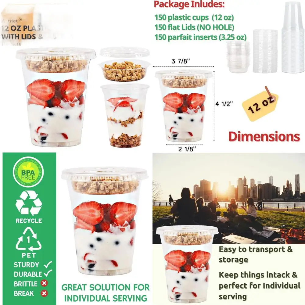 12 oz Clear Plastic Parfait Cups with 3.25 oz Inserts and Flat Lids, Ideal for Yogurt, Fruit, Snacks, and Take-Out Meals
12 oz Clear Plastic Parfait Cups with 3.25 oz Inserts and Flat Lids, Ideal for Yogurt, Fruit, Snacks, and Take-Out Meals