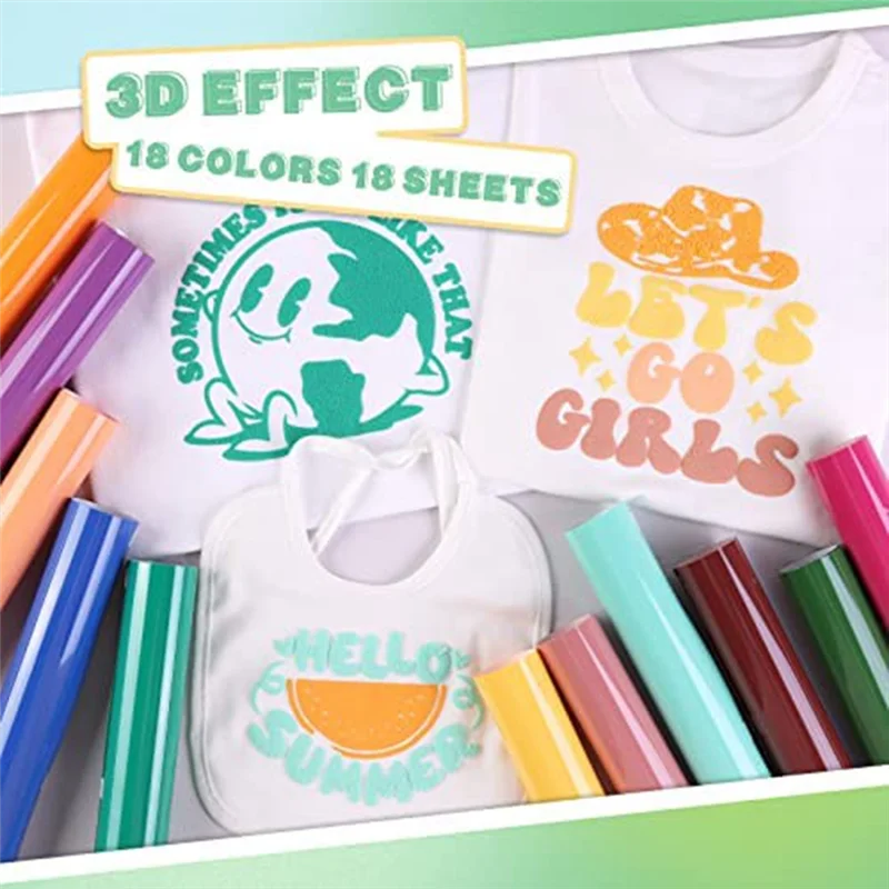 X61A_Puff Vinyl Heat Transfer - 18 Sheets 12 X 10Inches 3D Puff HTV Heat Transfer Vinyl for T-Shirts DIY Compatible
X61A_Puff Vinyl Heat Transfer - 18 Sheets 12 X 10Inches 3D Puff HTV Heat Transfer Vinyl for T-Shirts DIY Compatible