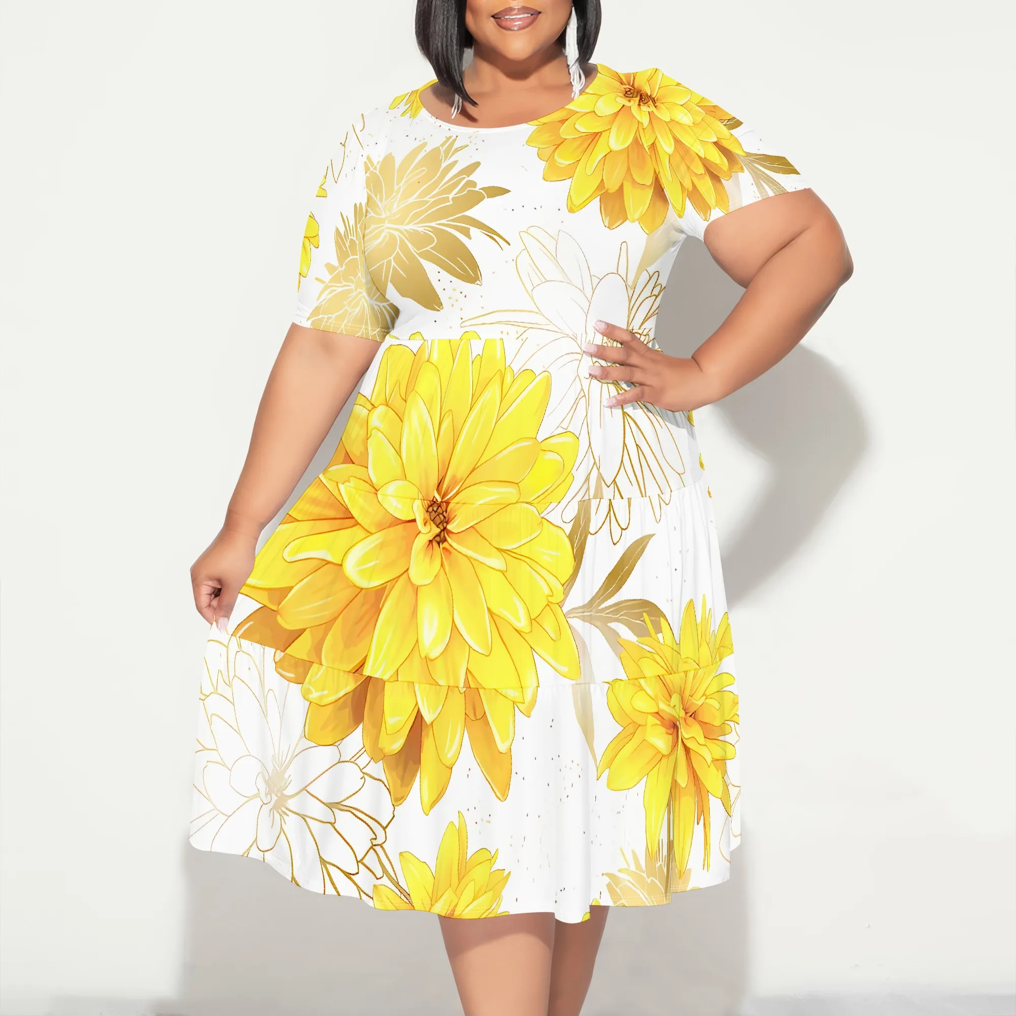 Plus Size Elegant Oversized Yellow Floral Print Short Sleeve Midi Dress for Women Summer Party
Plus Size Elegant Oversized Yellow Floral Print Short Sleeve Midi Dress for Women Summer Party