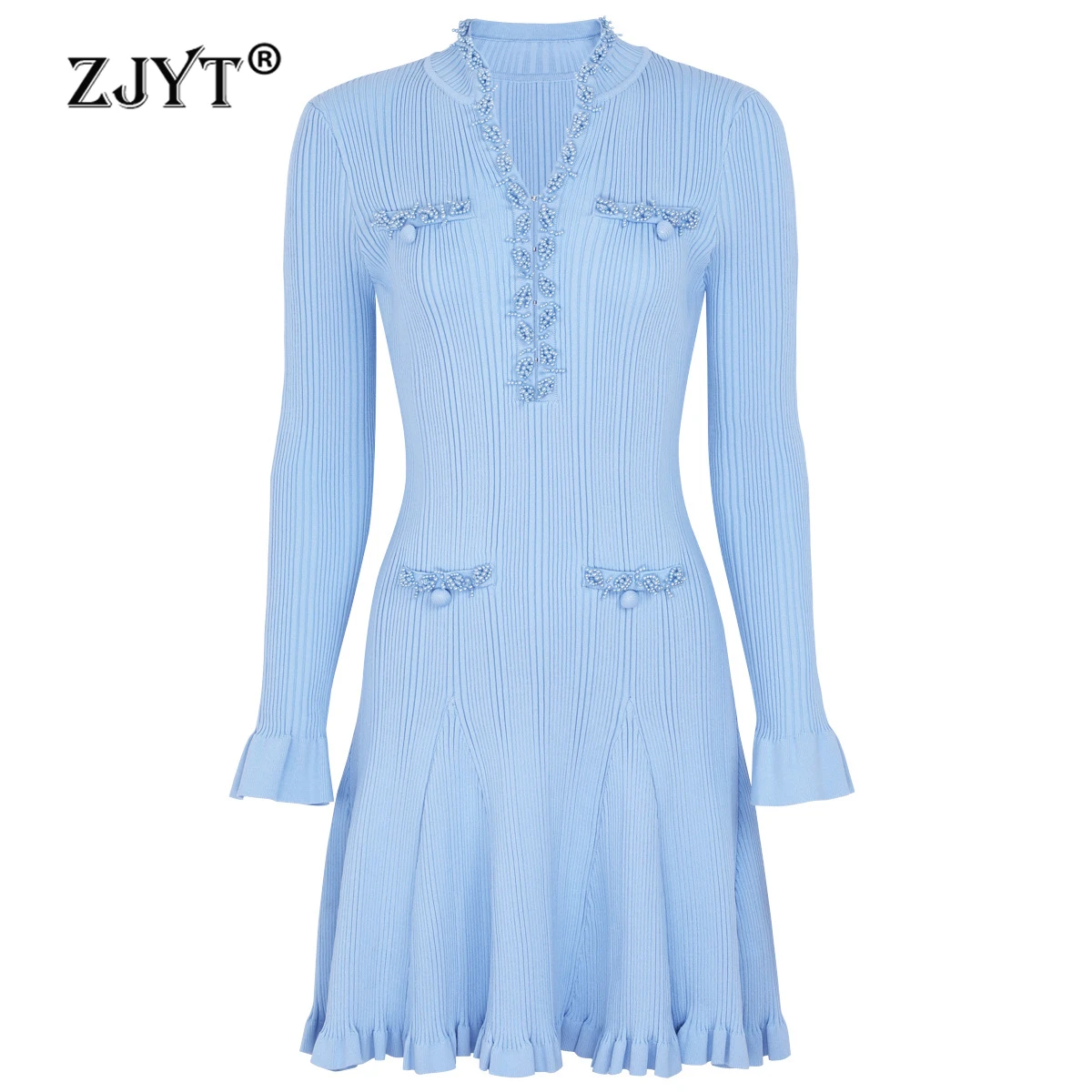 ZJYT Elegant Luxury Pearls Beading Knit Dresses for Women Flare Sleeve V Neck Blue Short Party Dress Knitwears Female Vestidos
ZJYT Elegant Luxury Pearls Beading Knit Dresses for Women Flare Sleeve V Neck Blue Short Party Dress Knitwears Female Vestidos