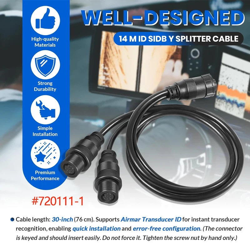 For Humminbird 720111-1 14 M ID SIDB Y Splitter Cable - for SOLIX & APEX Fish Finders, Side Imaging & 2D Sonar Connection
For Humminbird 720111-1 14 M ID SIDB Y Splitter Cable - for SOLIX & APEX Fish Finders, Side Imaging & 2D Sonar Connection