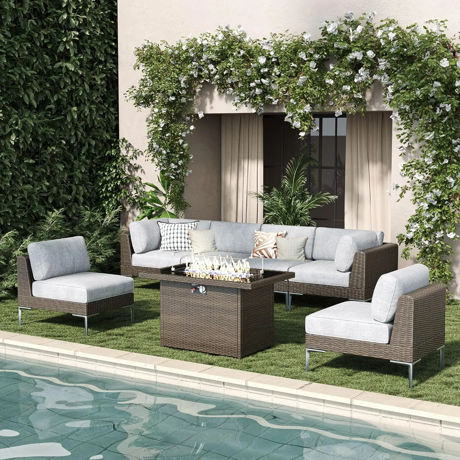7-Piece Outdoor Modular Wicker Sectional Sofa with Fire Pit Table, Patio Furniture Conversation Set with Deep, Customized
7-Piece Outdoor Modular Wicker Sectional Sofa with Fire Pit Table, Patio Furniture Conversation Set with Deep, Customized