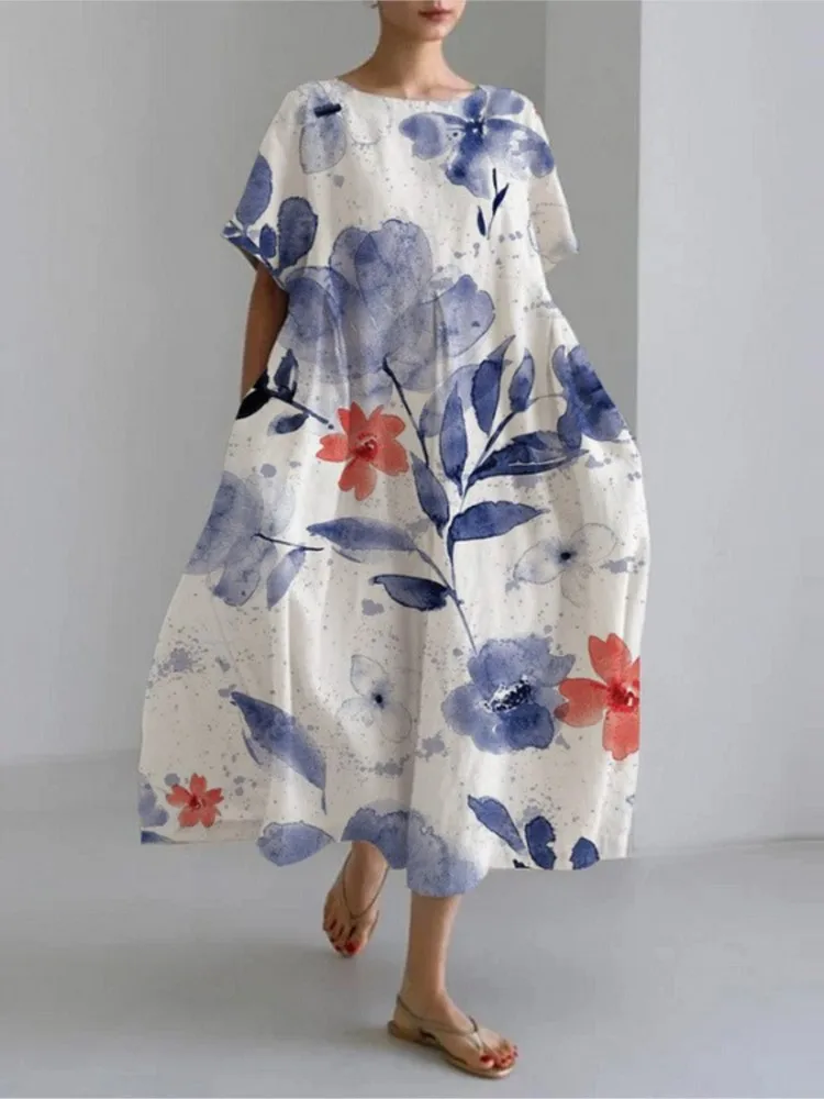 Fashion Lady Short Sleeve Big Swing Loose Maxi Dress Retro Women Flower Printing Pocket Dress O Neck Party Dress Elegant Robe 
Fashion Lady Short Sleeve Big Swing Loose Maxi Dress Retro Women Flower Printing Pocket Dress O Neck Party Dress Elegant Robe