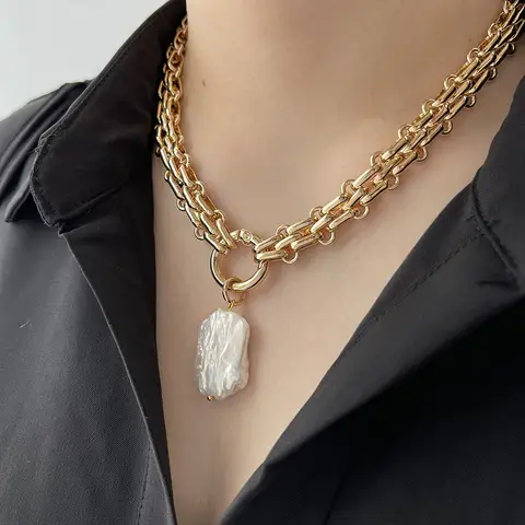Ghidbk Large Square Natural Freshwater Pearl Pendant Chunky Chain Necklace for Women Vintage Elegant Baroque Pearls Necklaces