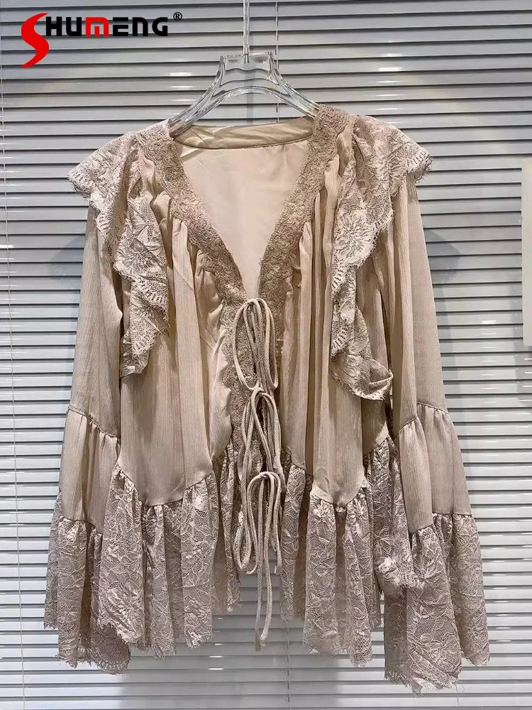 Women's 2025 Spring New Fashion Tops Female Socialite V-neck Lace Lace-up Design Blouse Women's Chiffon Lace Long Sleeve Shirts
Women's 2025 Spring New Fashion Tops Female Socialite V-neck Lace Lace-up Design Blouse Women's Chiffon Lace Long Sleeve Shirts
