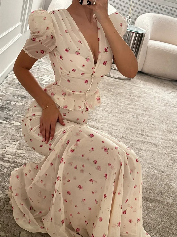 Cream Floral Print Maxi Dress Fashion V Neck Puff Sleeve Peplum Waist Long Dresses Summer New Lady Evening Party Outfits Trendy
Cream Floral Print Maxi Dress Fashion V Neck Puff Sleeve Peplum Waist Long Dresses Summer New Lady Evening Party Outfits Trendy